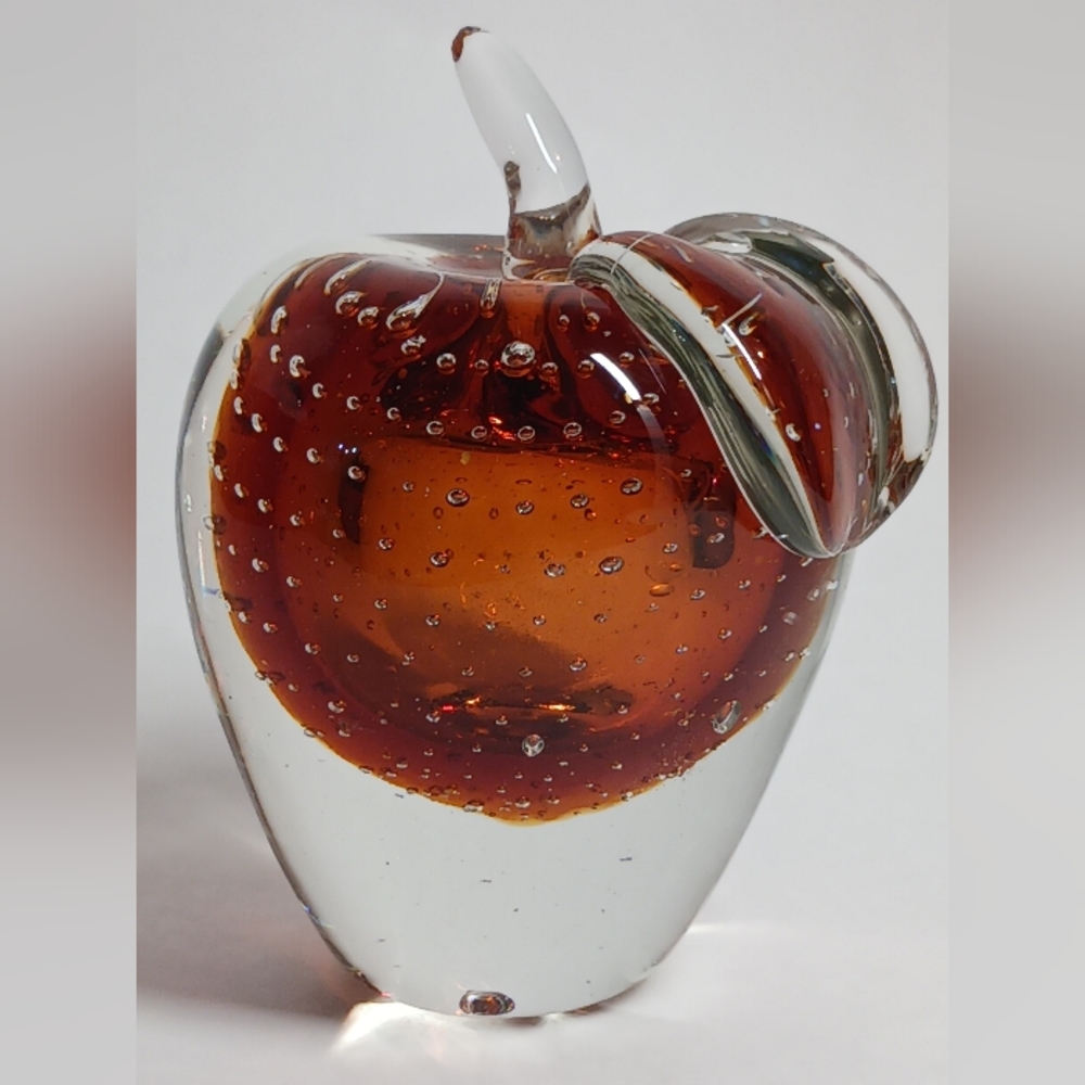 1980s Murano Style Amber Art Glass Bullicante Apple Figurine Paperweight